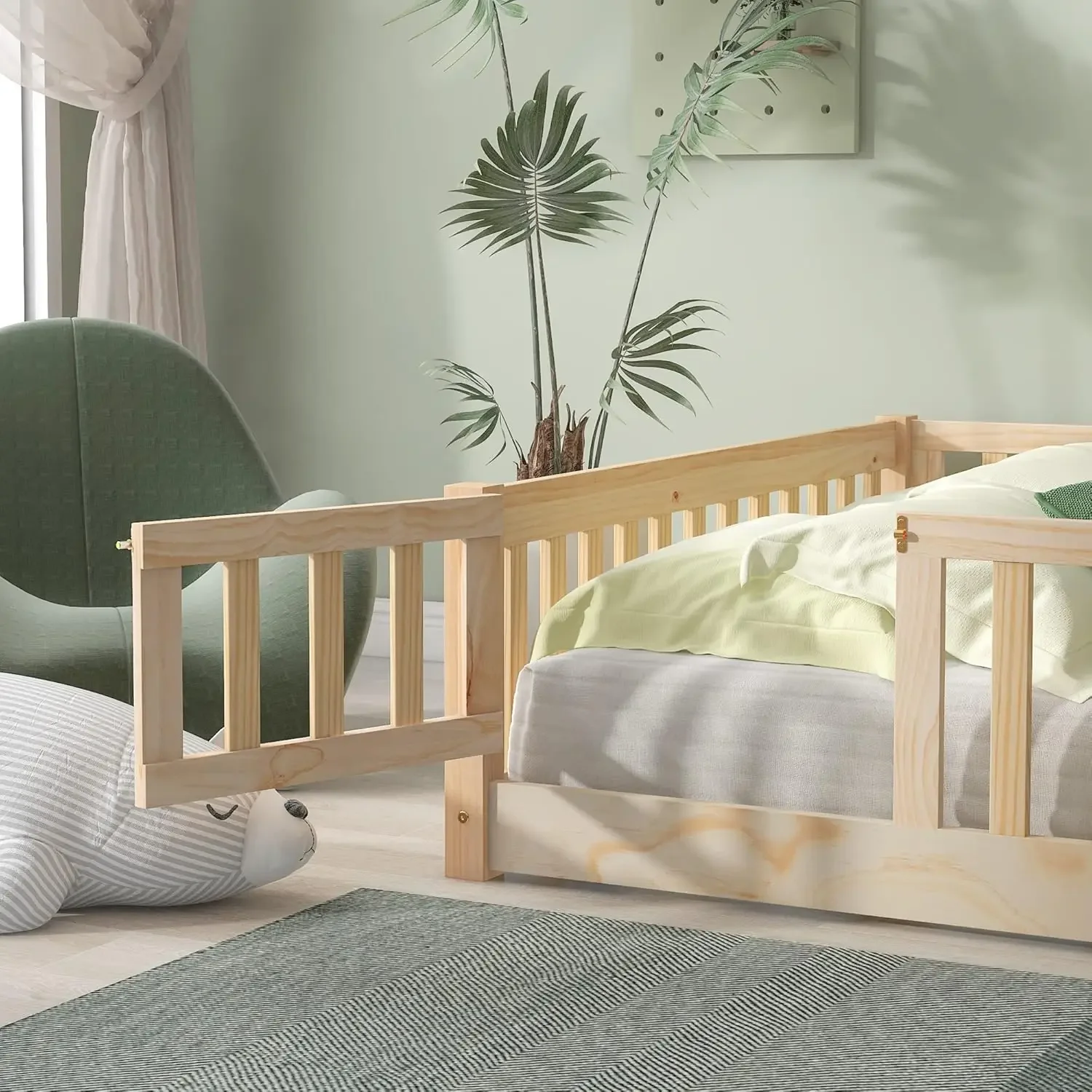 Estrutura de cama de chão de tamanho completo com cerca de segurança e porta, cama de chão montessori de madeira com suporte de ripas, estrutura de cama montessori f