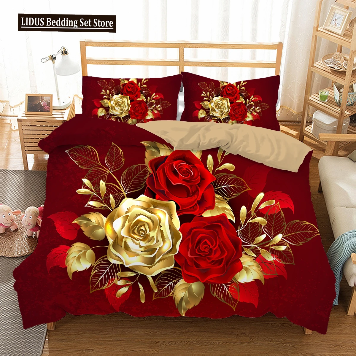 

3D Shiny Red Golden Rose Flowers Duvet Cover Set With Pillowcase Valentine's Day Luxury Bedding Set Bedroom Dorm Decor Bed Sets