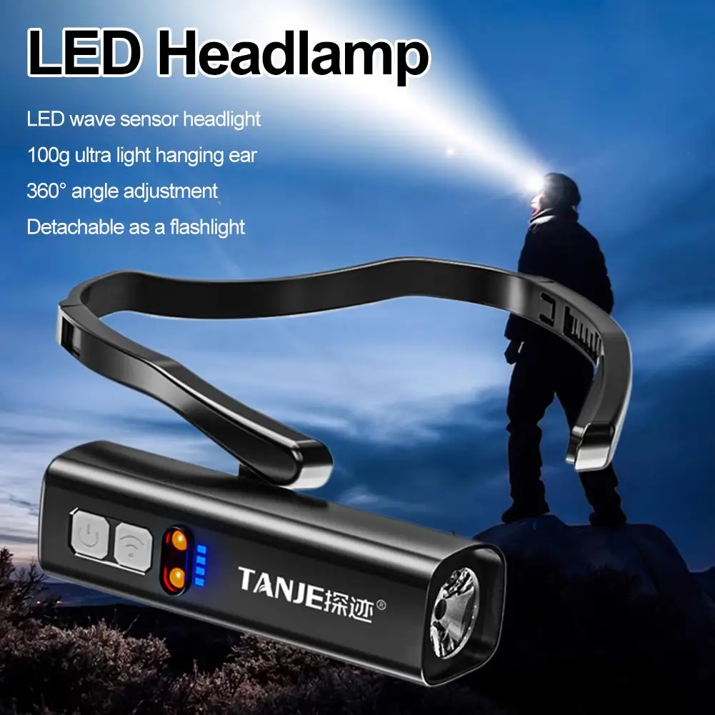 LED Headlamp With Wave Sensor & Adjustable Headband 2-in-1 Handheld/Head-Mounted Light USB Type-C Charging For Hiking Camping
