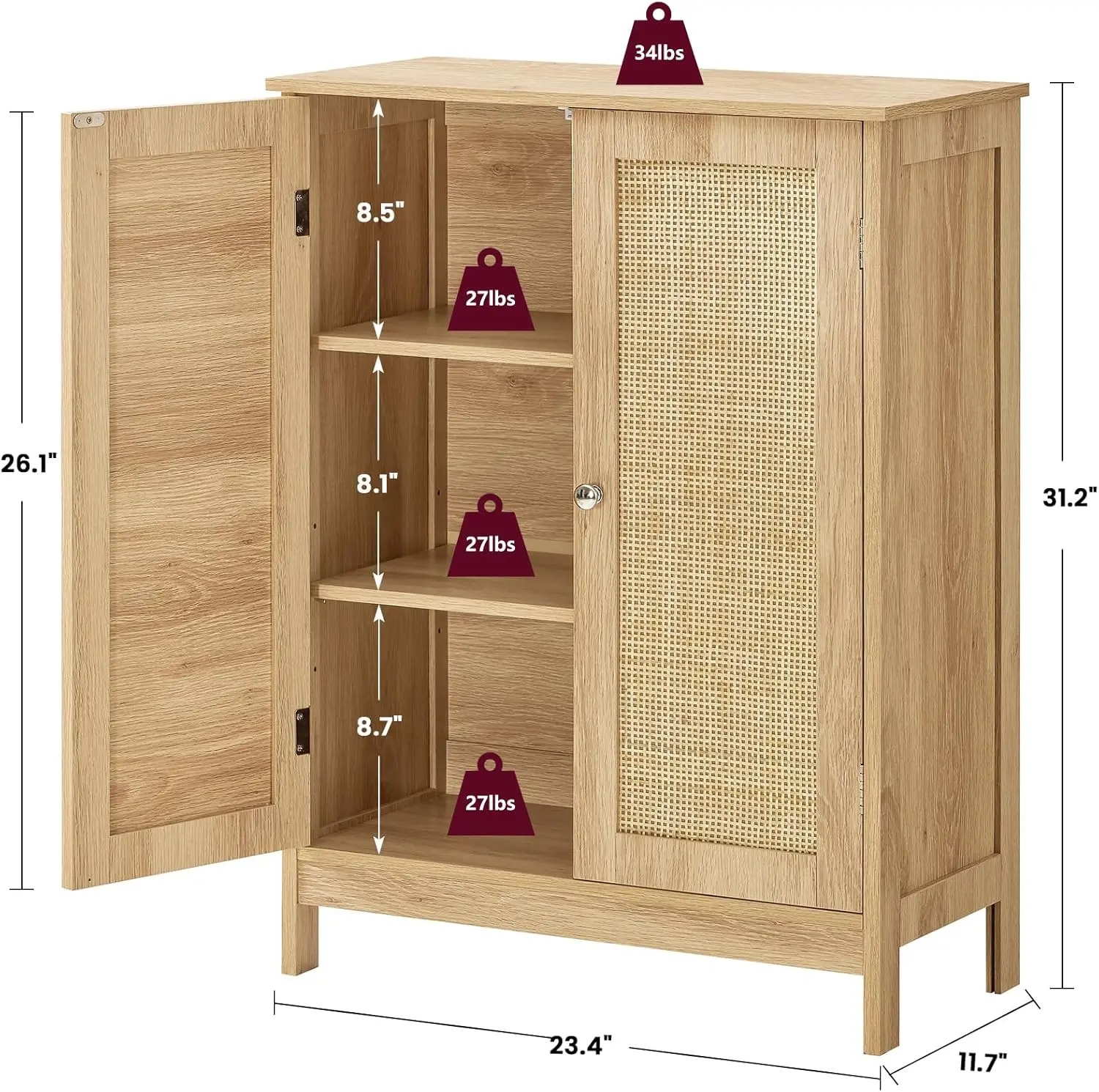 Iwell Storage Cabinet, Rattan Cabinet with Adjustable Shelf, Floor Storage Cabinet, Bathroom Storage Cabinet, for Living Room