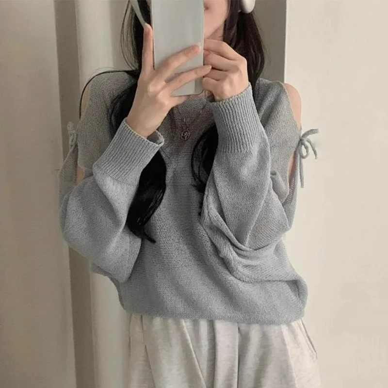 

Hollow Lace Up Bow Knit Sweater for Women's Summer New Causal Thin Top