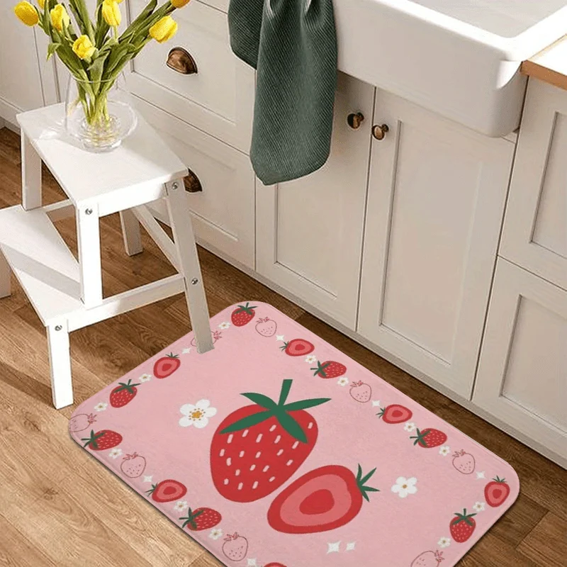 Cartoon Strawberry Carpet Fresh Fruit Printed Kitchen Long Carpet Illustration Style Bedroom Living Room Entrance Door Mat
