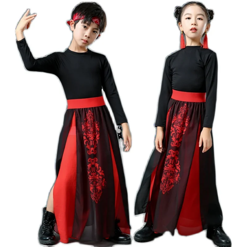 Traje de baile de Jazz de estilo chino para niños, Ropa de baile de Hip-Hop roja y negra, trajes de actuación en grupo, trajes de Festival