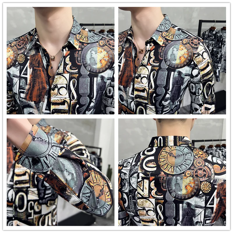 New Fashion Men manica lunga Vintage Number Print camicie per uomo Social Luxury Man Designer Clothes camicia hawaiana Chemise Homme