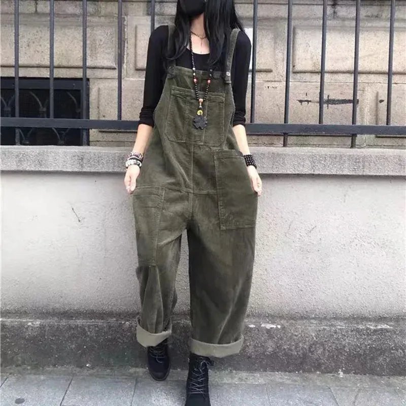 

Corduroy Jumpsuits Women Vintage Suspender Wide Leg Playsuits Casual Chic Streetwear Autumn Pocket Rompers Trousers