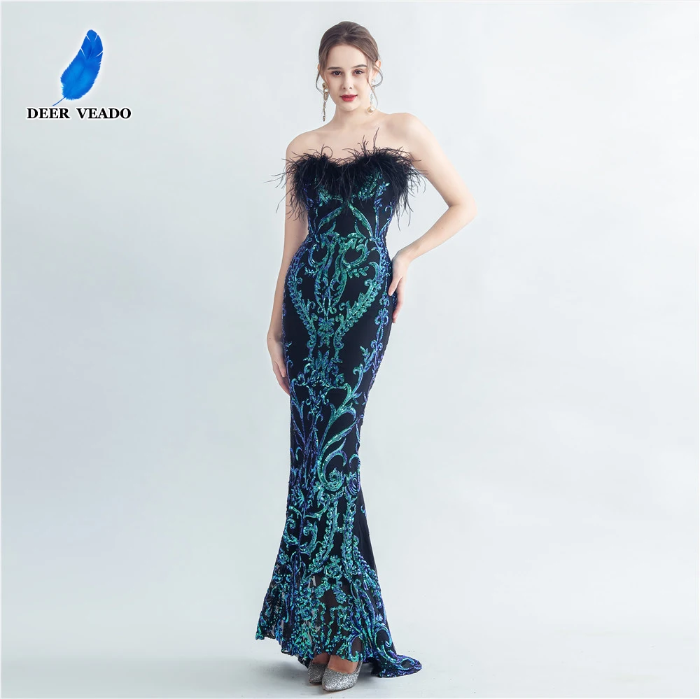 

DEERVEADO Elegant Mermaid Sweetheart Evening Dress with Little Train Women's Formal Dress Evening Party Maxi Dress with Feathers