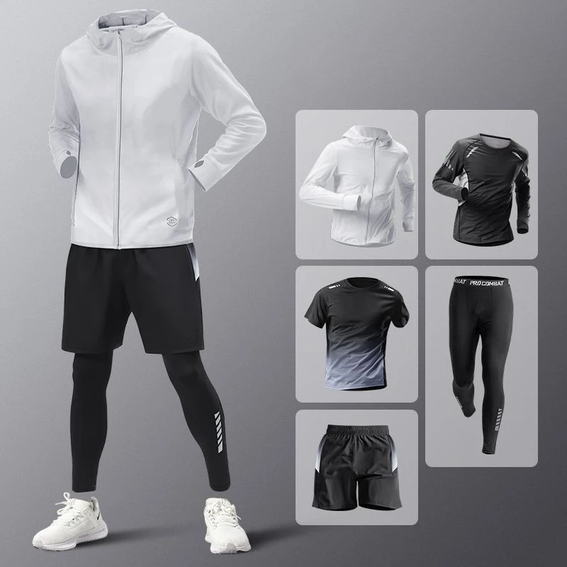 

5pcs Men's Lightweight Summer Ice Silk Athletic Set Quick-Dry Running Clothes Outdoor Kit Cycling Fitness Men's Sportswear Set