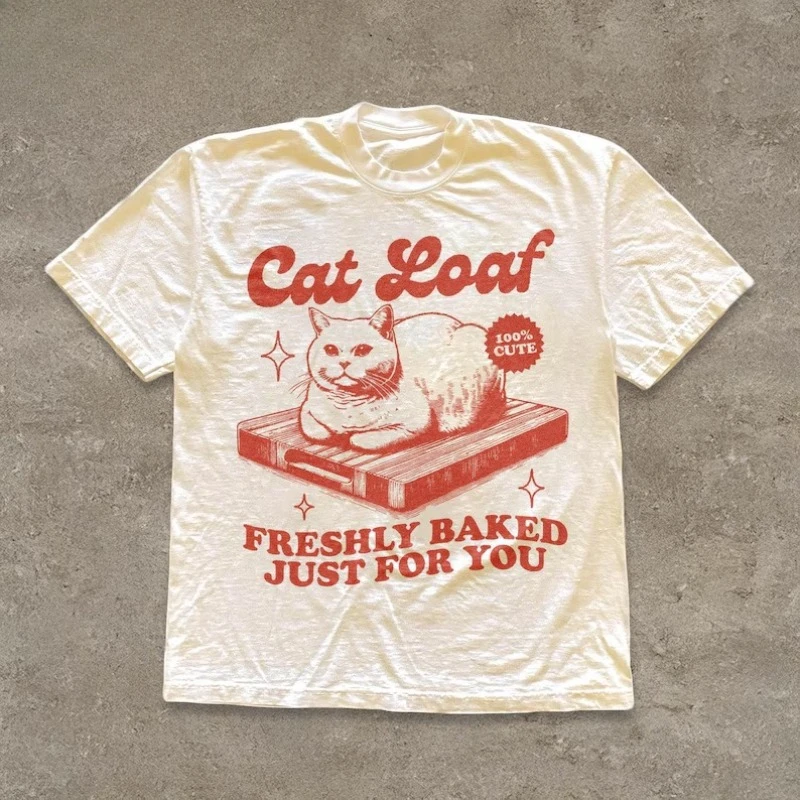 Retro Aesthetic Cat Lover T‑Shirt Men Women Funny Cat Loaf Freshly Baked Slogan Graphic Print Crewneck Short Sleeve Daily Tops