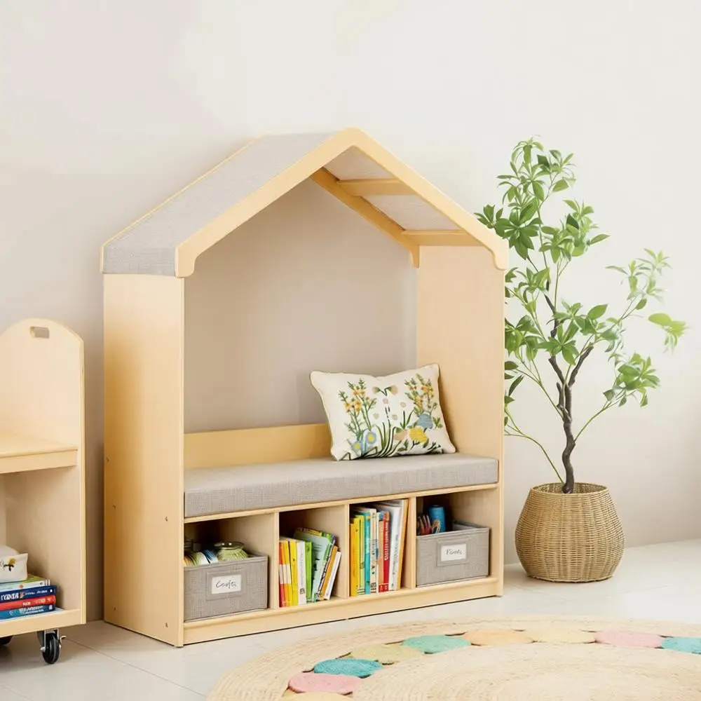 

Скамейка для хранения из натурального дерева с книжным шкафом и кубиками для детских книг и игрушек | Мебель для дошкольников и домашней школы