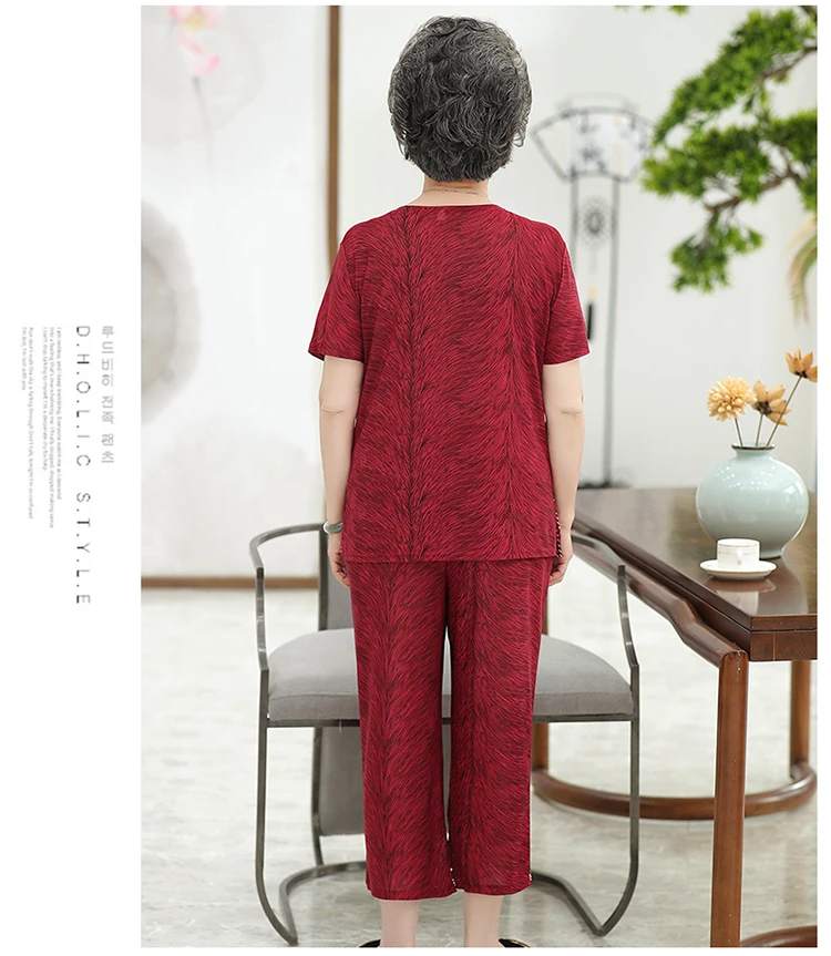 Fdfklak XL-5XL Middle Aged Mother Two Piece Set Elegant Print Grandma Short Sleeve Cropped Pant Tracksuit Women Suit Female