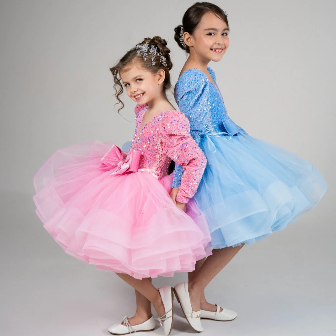 Customized Flower Girl Dress Tulle Puffy Sequin With Bow Long Sleeve For Wedding Birthday Prom Banquet Holy Communion Gown