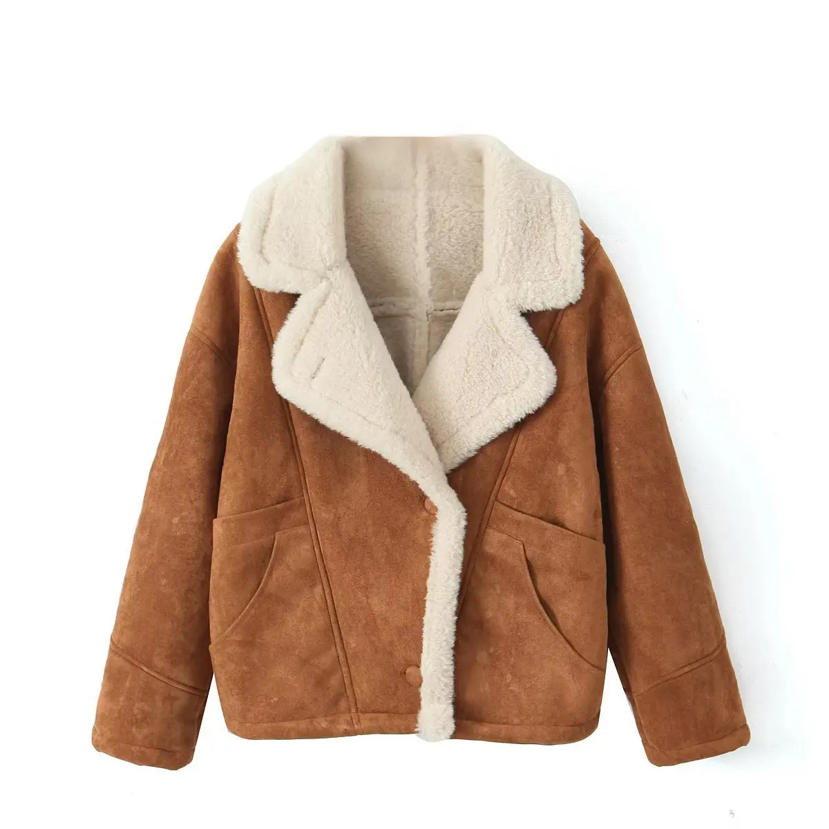 Autumn Winter New Women\'s Fashion Loose Warm Vintage Lamb Wool Coat Pocket Lapel Jacket