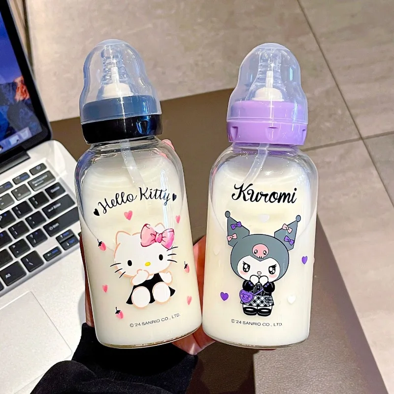 

Sanrio series Hello Kitty Kuromi My melody glass water bottle 300ML cartoon kawaii pattern pacifier cup with lid birthday gift