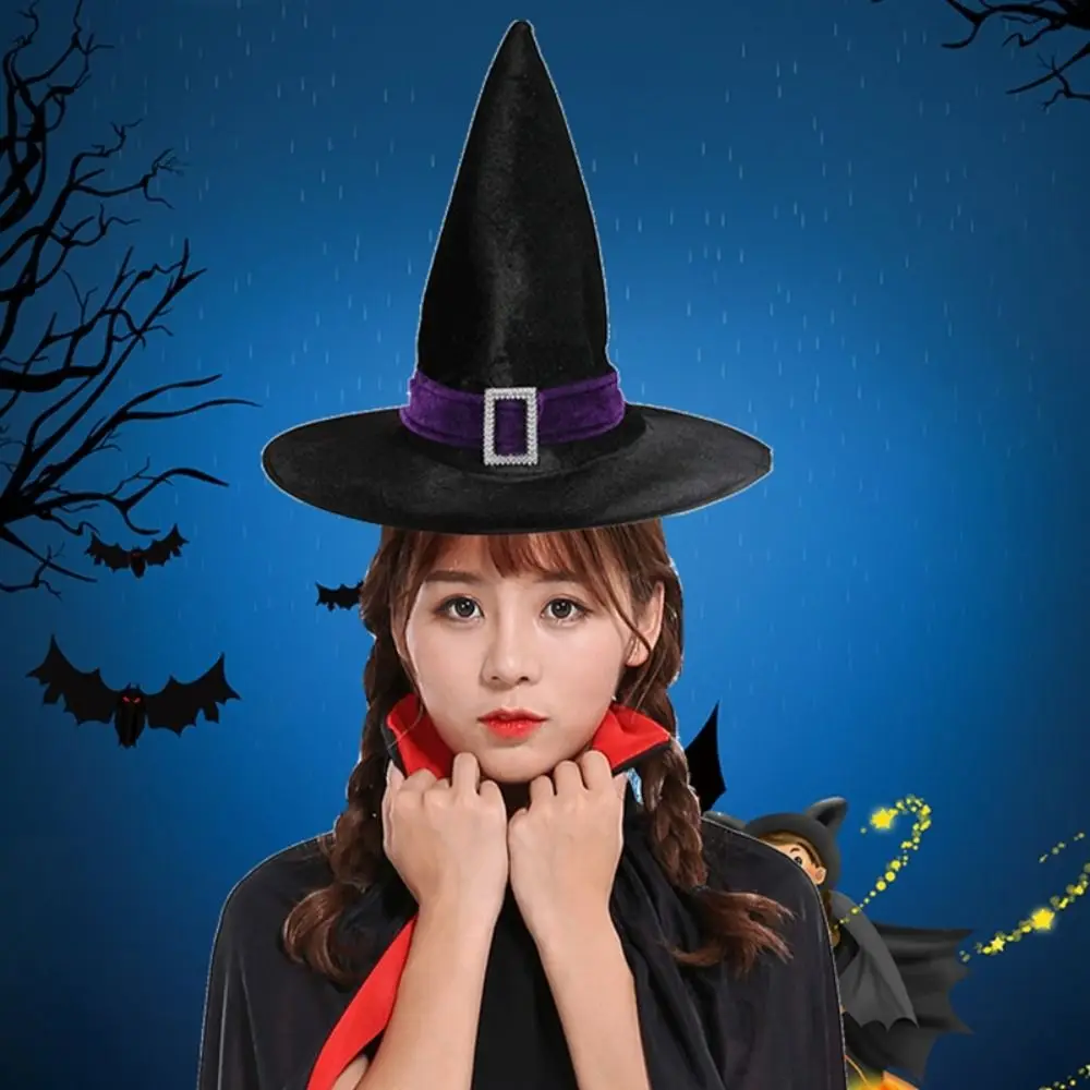 Simple Velvet Halloween Witch Wizard Hat Gilding Satin Ribbon Halloween Hat Costume Props Bending Angle Devil Cap Parties