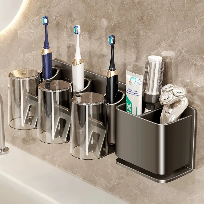 

Современный органайзер для зубных щеток — серая тележка для ванной комнаты без перфорации на 3 щетки, вмещает чашки для зубной пасты и полоскания рта