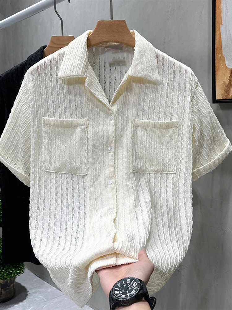 Men's Cuban Collar Short Sleeve Shirt Breathable Hollow out Design Summer Casual Top Polyester Fiber Open Cardigan Style