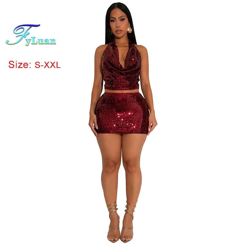 

2025 Fashion Women Clothing Sexy Skirt Sets Backless Lace Up Sequin Short Tops And Mini Bodycon Skirt Two-Piece Sets Club Wear