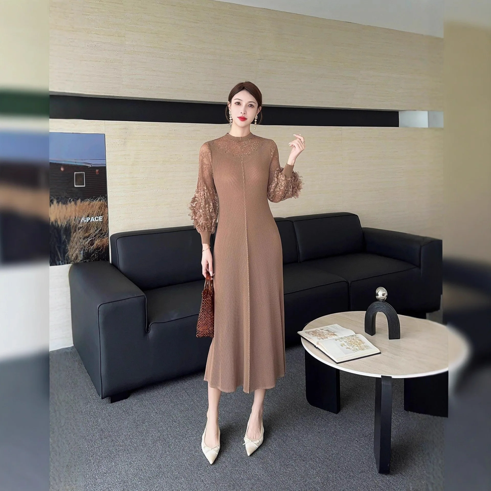 Miyake Pleated Lace Spliced Dress for Women 2025 New Solid Color High-end Half-high Neck Long Sleeve Loose Dress Long Skirt
