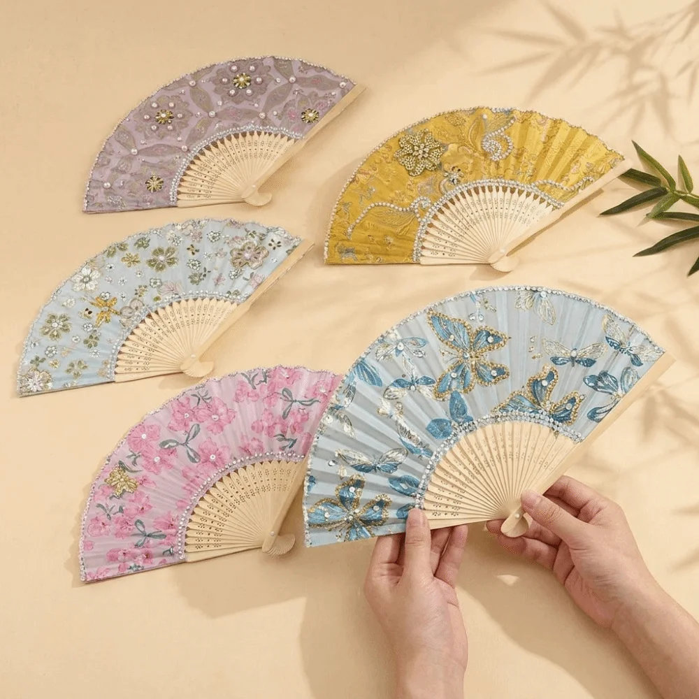 Traditional Pearl Folding Fan Portable Fabric Floral Print Hand Fan DIY Craft Kit Butterfly Handmade Fan Art Craft Project