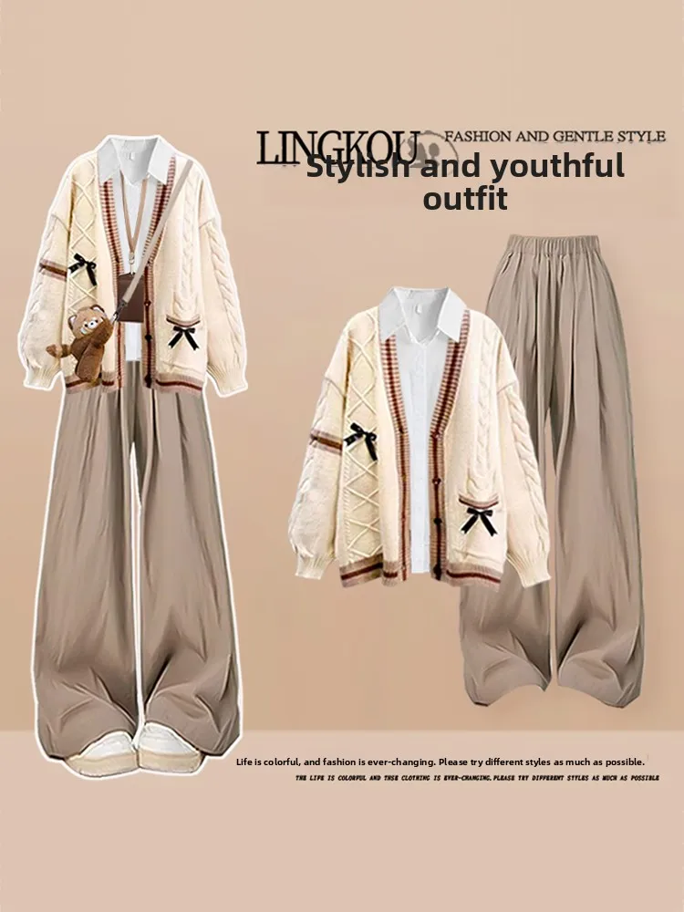 

Fashionable Knitted Casual Women's Set High Waist Loose Fit V-Neck Long Sleeve Shirt Knot High Waist Pants Autumn Wear
