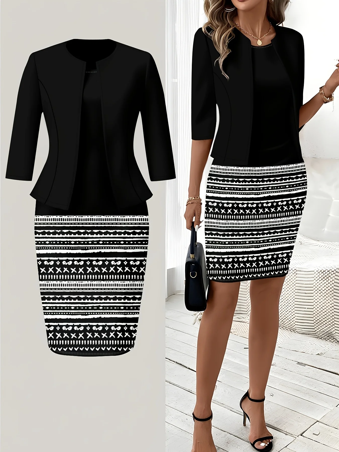 Printed design Casual Wind Geometric Pattern Striped Horizontal Line Women's Dress Set
