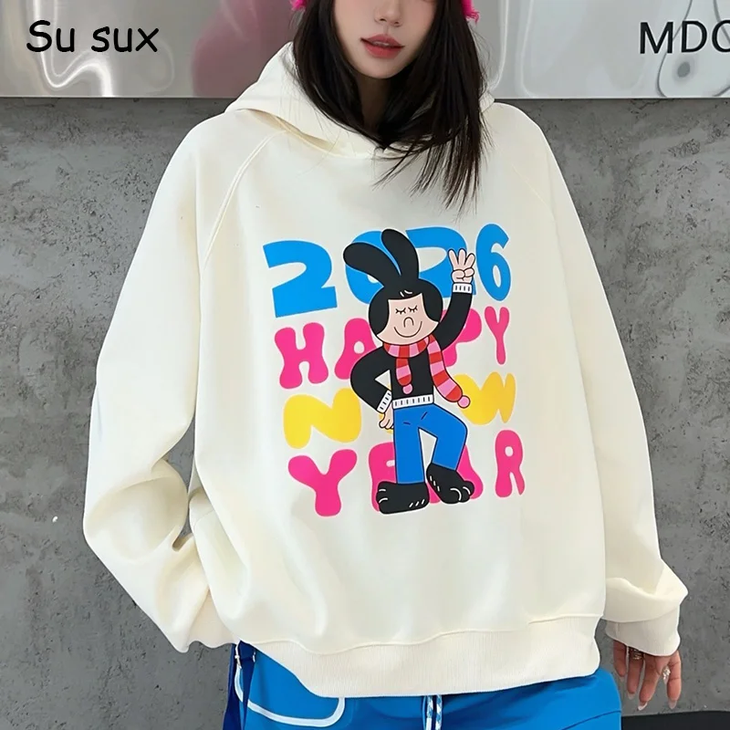 

Повседневные толстовки с капюшоном и буквенным мультяшным принтом, женские топы, одежда Y2k, весенний свободный пуловер 2026, спортивные рубашки, Vestidos
