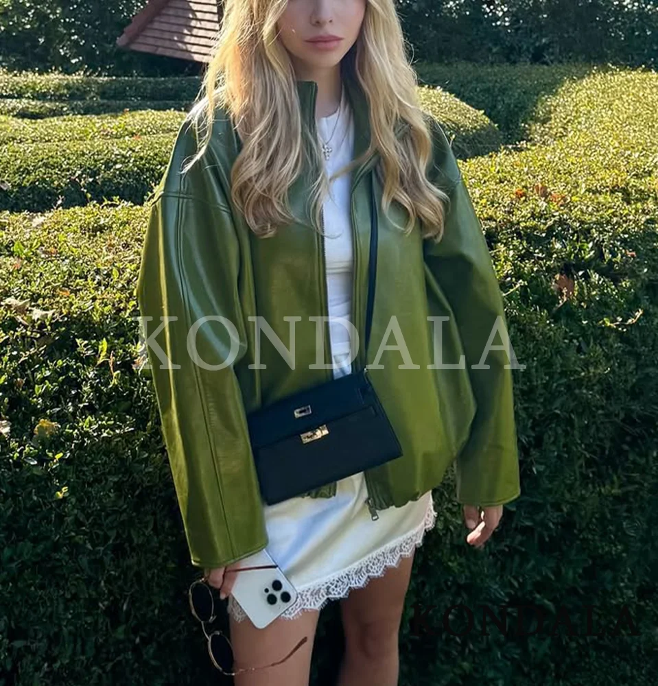 

KONDALA Fall Green PU Leather Zipper Jacket Women Stand-up Collar Leather Jacket 2025 Spring Autumn High Street Lady Y2K Jacket