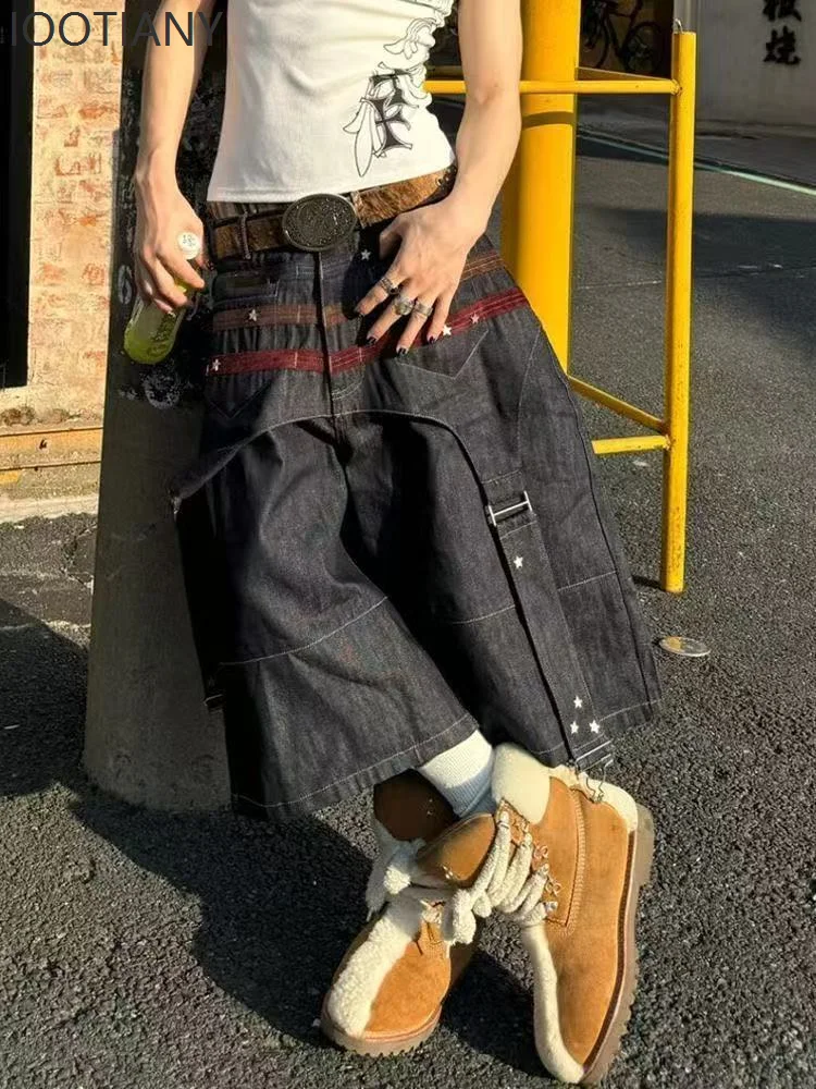IOOTIANY Black Graphic Print Short Jeans Women Harajuku Vintage Wide Leg Patchwork Punk Jorts American Hip Hop Baggy Streetwear
