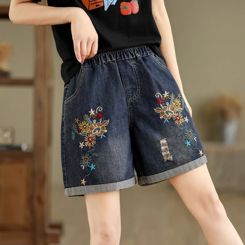 Japanese Sweet Mori Girl Vintage Cartoon Flower Embroidery Denim Shorts Women Summer Elastic Waist Casual Loose Jeans Shorts