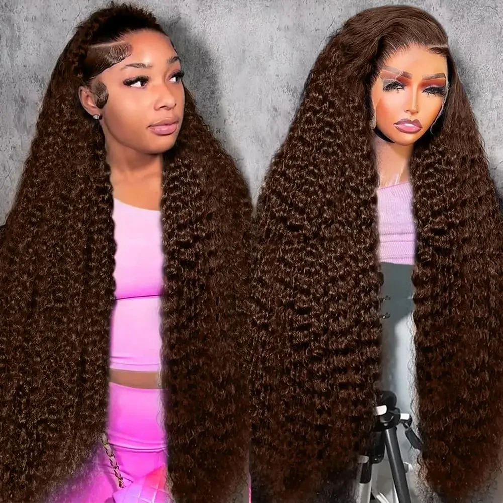 

13x6 Hd Lace Frontal Chocolate Brown Curly Wigs Human Hair 30 36 Inch Pre Plucked 13x4 Deep Wave #4 Colored Lace Front Wig 250%