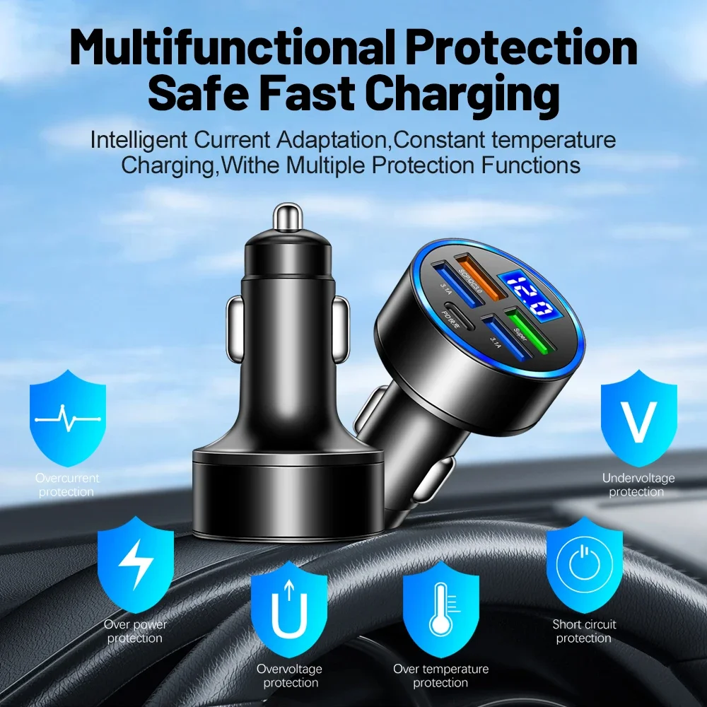 150W USB Car Charger Type C PD Quick Charge 3.0 Fast Charging For iphone Samsung Xiaomi Huawei Digital Display Car Phone Adapter