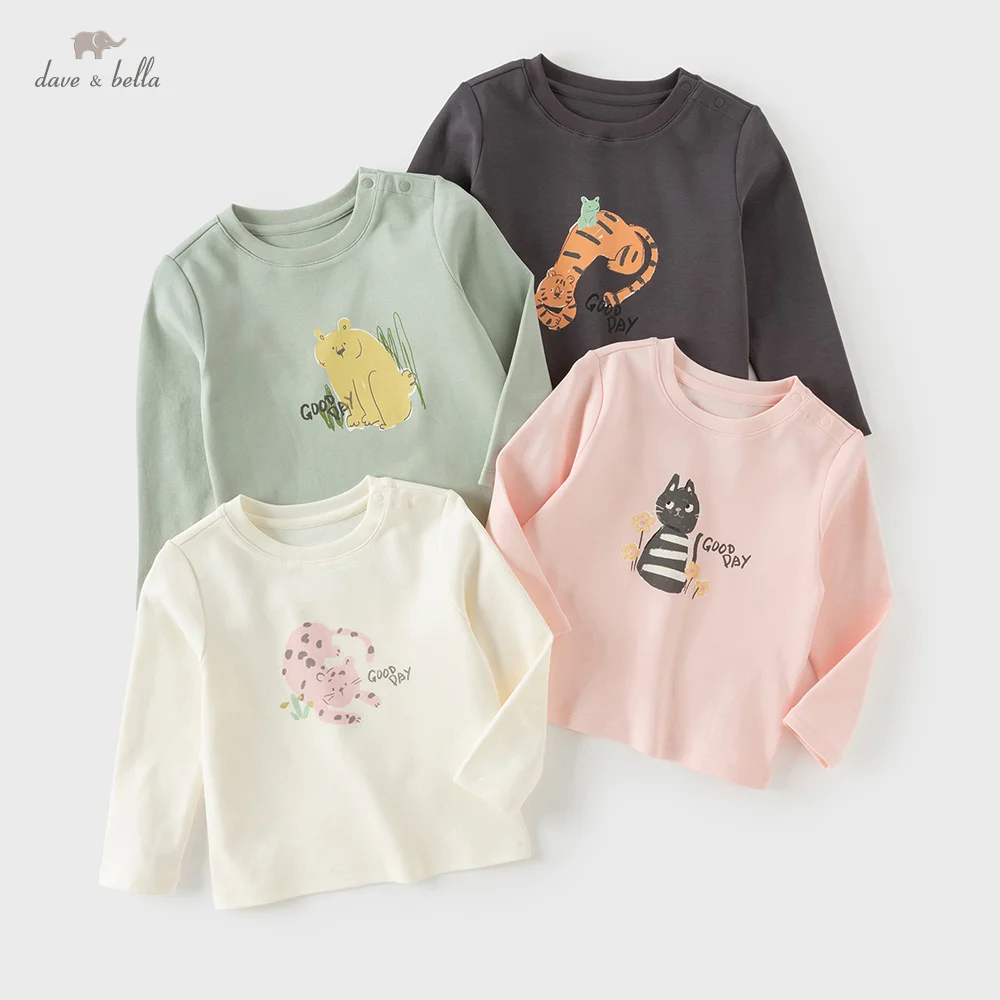Dave Bella Children Pure Cotton T-shirts Spring Autumn Girls Long Sleeve Pullover Boys Soft Bottoming Top Kids Clothes DB1260314