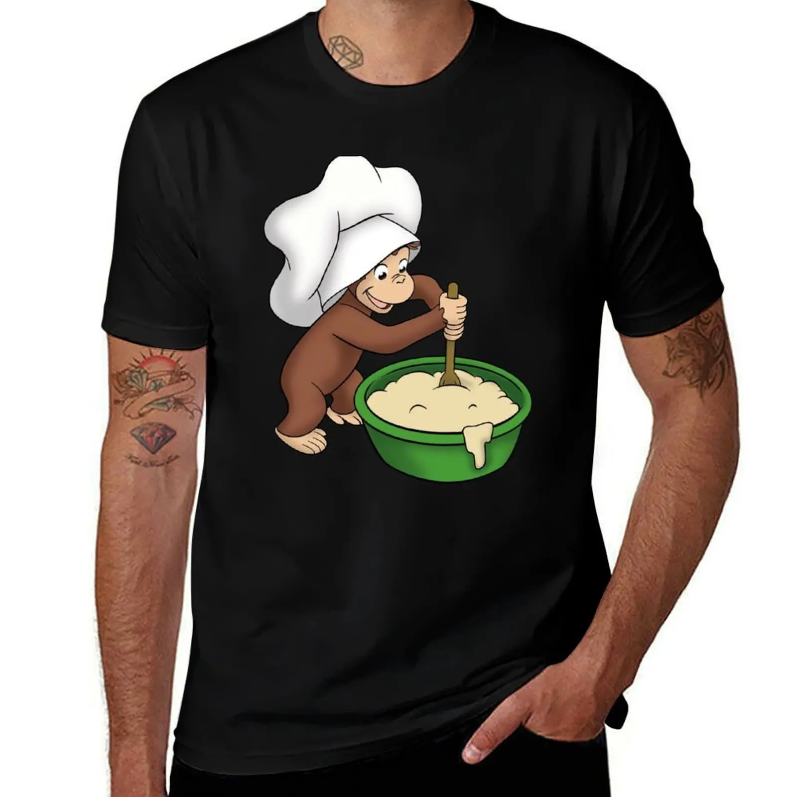 

Curious George baking a cake T-Shirt tops street wear anime stuff mens cotton t shirts
