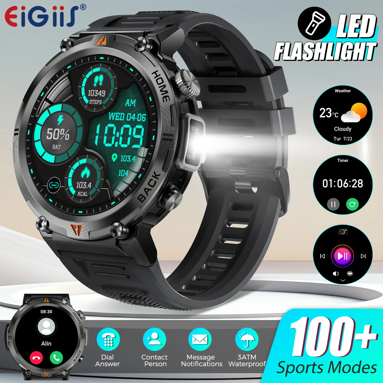 EIGIIS 2025 New Smart Watch KE3 3ATM Waterproof Sport Genuine Original Design Men Bluetooth Call Health Monitor With Flashlight