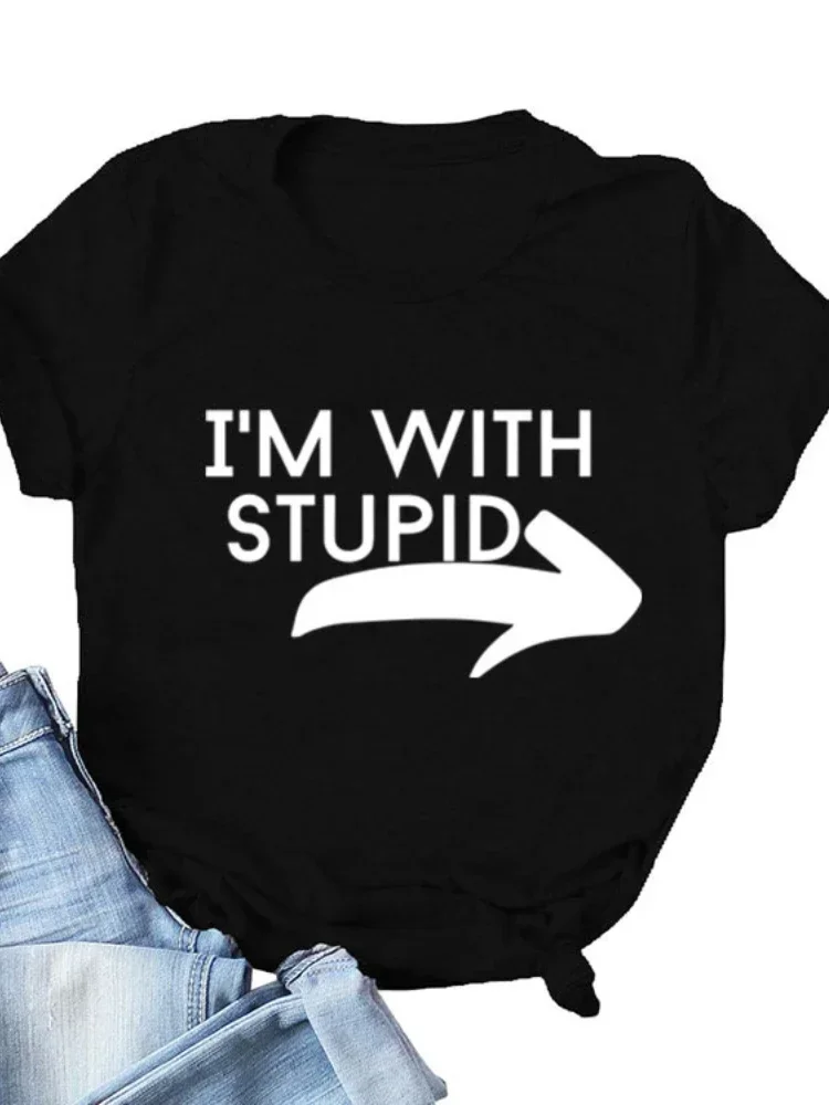 2024 I'm with Stupid Arrow Print Women T Shirt Short Sleeve O Neck Loose Women Tshirt Ladies Tee Shirt Tops Camisetas Mujer