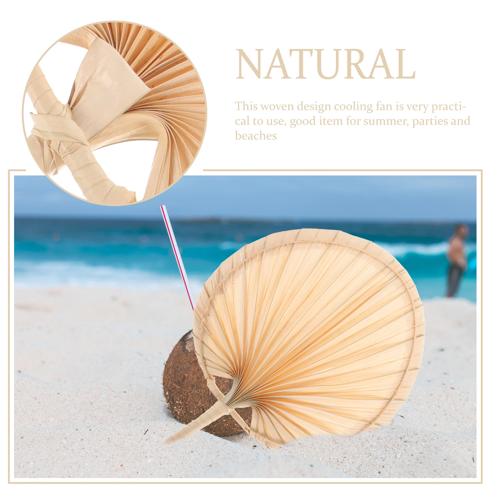 

Portable Natural Hand Fan Vintage Woven Palm Leaf Summer Handmade Fan for Cooling Decoration Wedding Party Beach Office Use