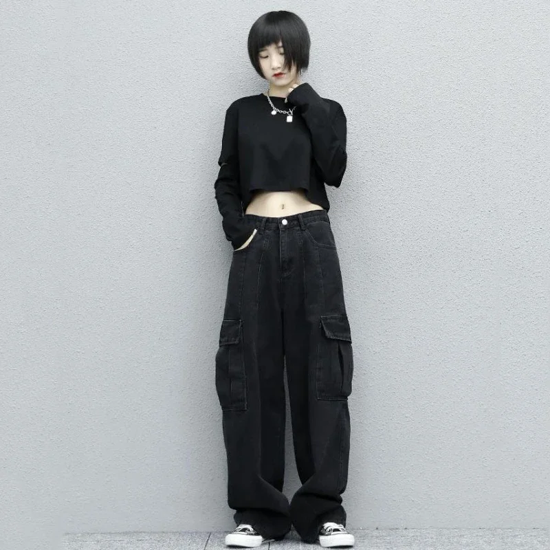 Basic Jeans Women Japanese Style Baggy Cargo Trousers Autumn Big Pockets Vintage Minimalist Neutral Streetwear Students Casual