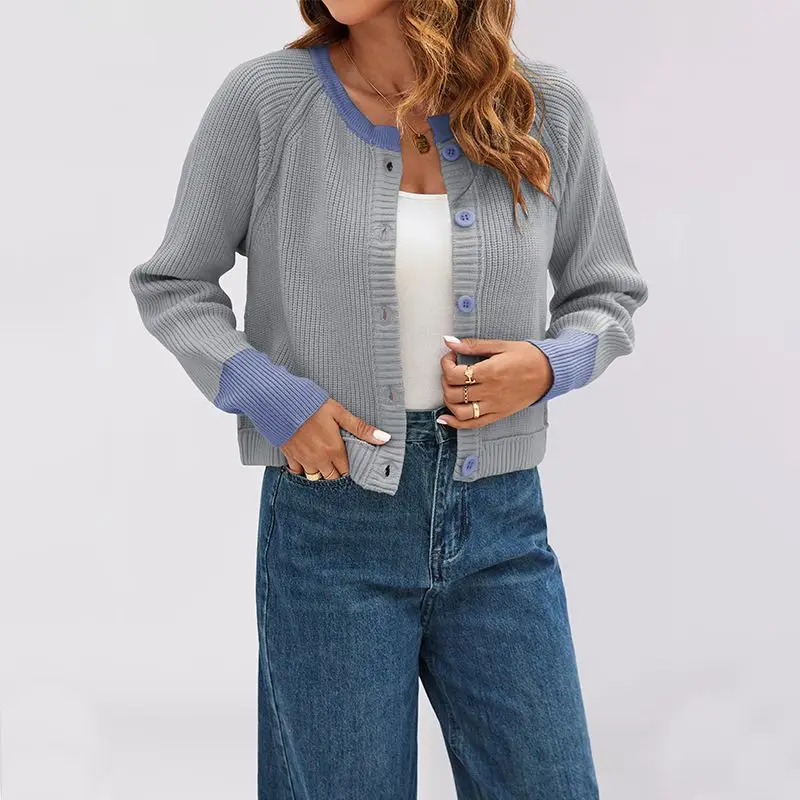

2025 Autumn/Winter New Style Round-neck Single-Button Contrasting Color Knitted Cardigan Coat
