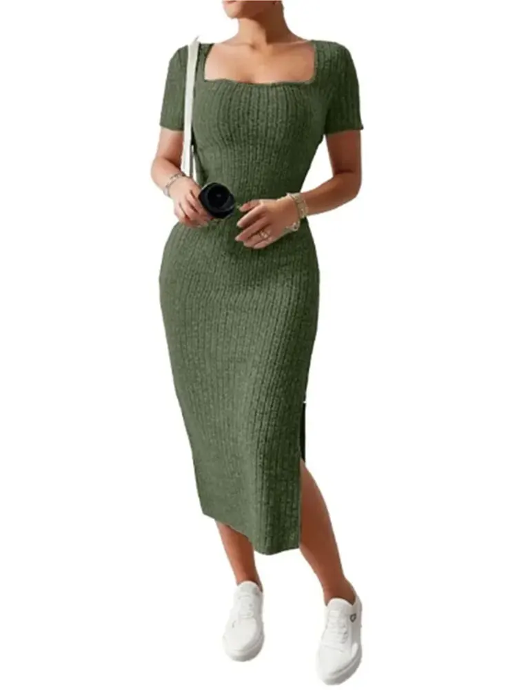 Summer Square Neck, Hip-Hugging Mid-Length Skirt, Short-Sleeved, Versatile Knitted Slit Dress image 2