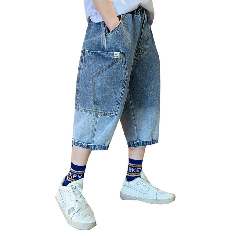 New Summer Denim Short Trousers Boys Big Smile Jean Shorts Children Casual Loose Pant Denim Teen Kids Summer Beach Short 3-14Y