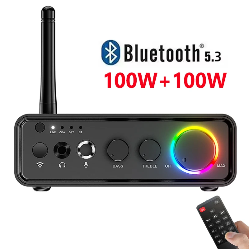 

TPA3116D2 Mini Bluetooth 5.3 Class D Power Amplifier 2.0 Audio Amplifier 100Wx2 200W with Microphone Optical Coaxial Input