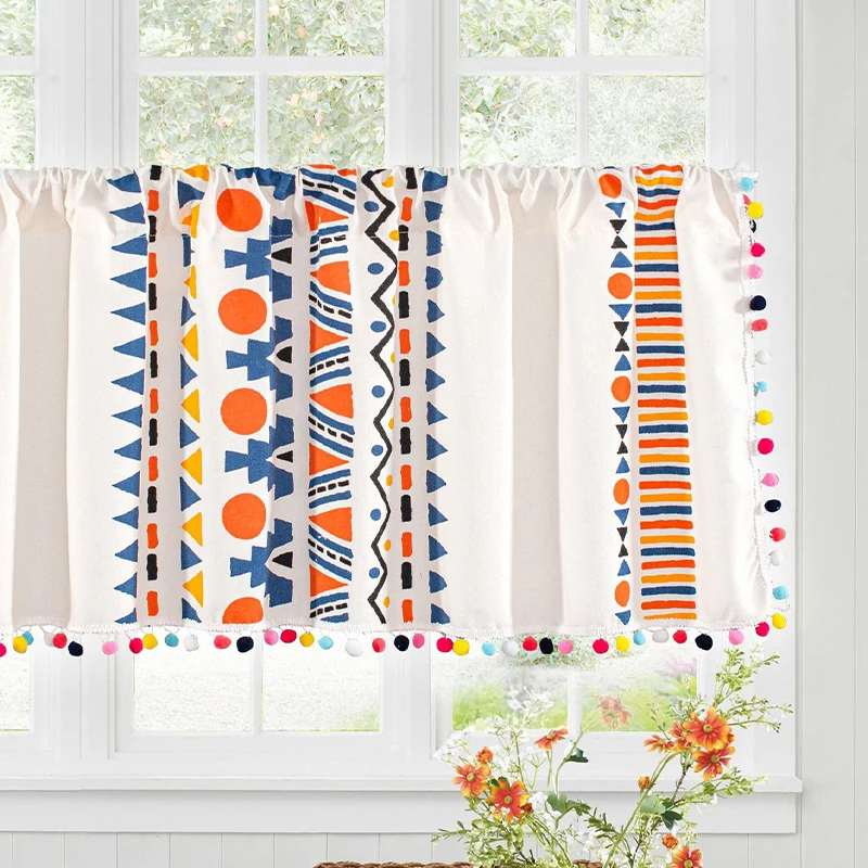 

Bohemian Light Filtering Short Curtain Valance Small Windows Kitchen Cafe Geometry Design Spring Summer Home Decor