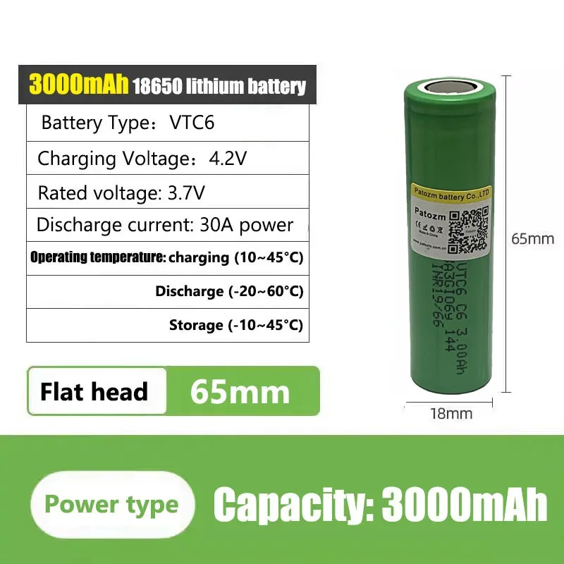 Akumulator VTC6 18650 3000mAh 3.7V Wysokoprądowy Rozładowanie 10C 30A Moc Wysoki Prąd do Wkrętarki VTC6 Elektronarzędzia Latarka