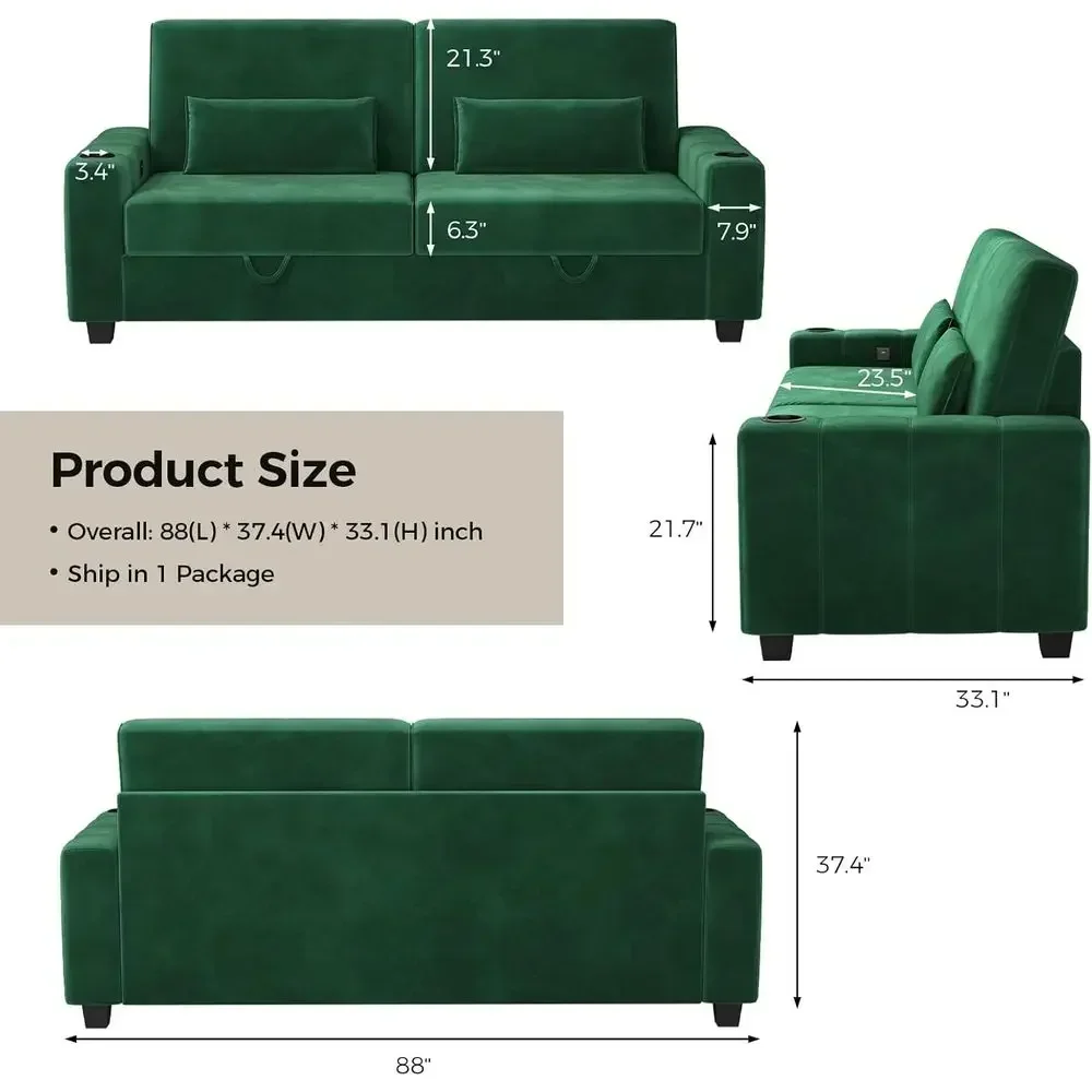 88 Inch Green Velvet Loveseat Sofa with Storage, Charging Ports, and Heightened Backrests for Comfortable Living Room Assembly