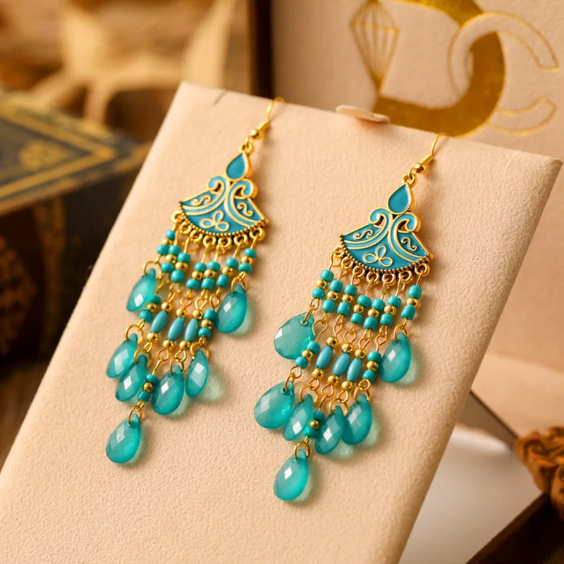 Böhmische mehrfarbige Reis perle Wasser tropfen Ohrringe für Frauen Temperament lange Emaille fächerförmige Ohrring Urlaub Party Schmuck – Detail 3