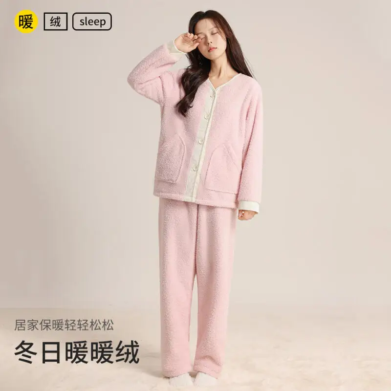 

Women's Loose Pajamas Thickened V-Neck Half Fleece New Style Keep Warm Female Autumn Winter Girl's Student Homewear Outerwear