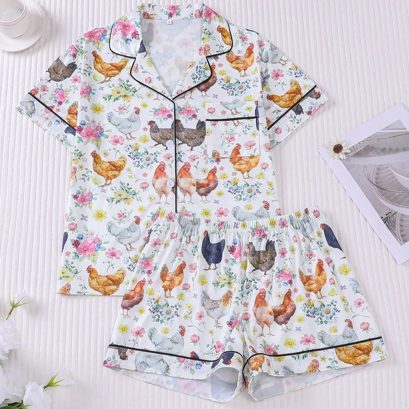 

Artistic watercolor chicken sleepwear women's casual home wear floral decoration soft sleepwear can be worn as a two-piece set