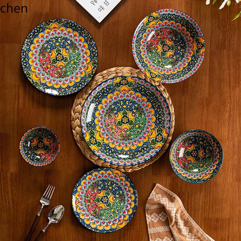 DSArice bowl retrofor home large plate ethnic wind kettle salad bowl tableware suit