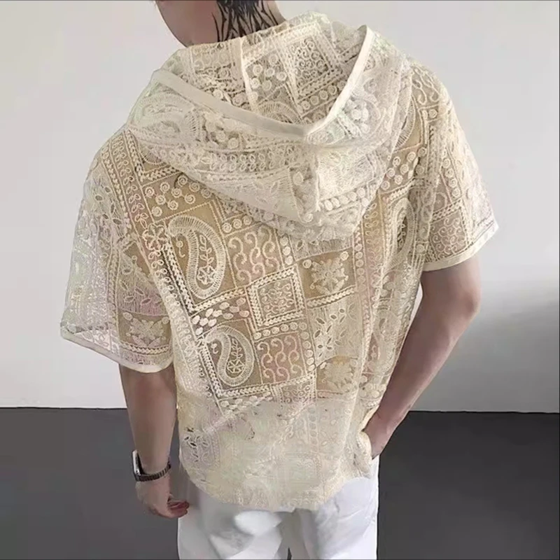 INCERUN, camisa para hombre de encaje transparente con capucha, manga corta, botón, ropa para hombre, ropa informal suelta Sexy, camisas informales de moda para hombre 2025