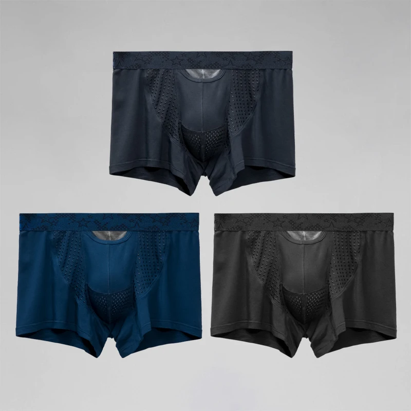 3 قطع ملابس داخلية منفصلة للرجال، سراويل سفلية من الوريد لدعم الصفن، سراويل رياضية ذات زاوية مسطحة منحنية من الحرير الجليدي